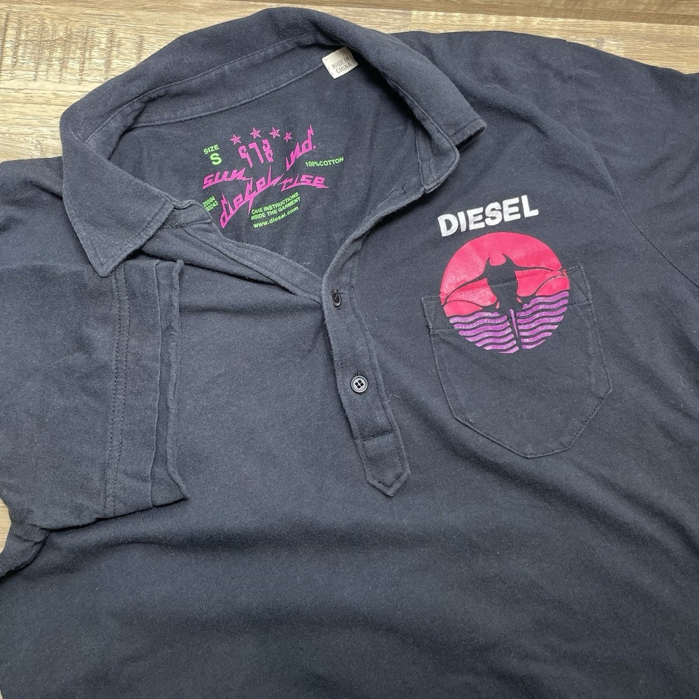 Diesel Slim Cotton Pocket Polo Shirt Men Small Black Scuba‎ Attack Logo Graphic